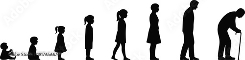 Female human life stages silhouette set, baby girl child teenager woman and elderly aging progression vector illustration isolated
