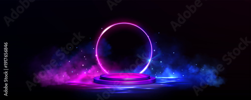 Futuristic stage with neon light frame and podium