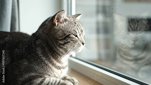 Wallpaper Mural A serene gray cat gazes out of a sunny window with a blurred reflection on the glass Torontodigital.ca