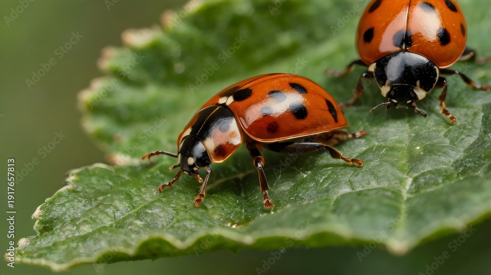 Obraz premium Ladybugs Ladybirds Coleoptera Coccinellidae Close-Up, Vibrant Red Beetle Insect, Macro Nature Photography, Beneficial Garden Predator, Entomology Concept