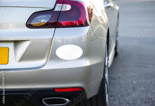 Blank white oval sticker on car rear bumper, ai generated
