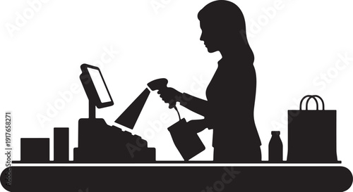 bold vector of a cashier scanning items