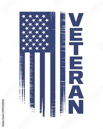 A distressed american flag design with the word veteran vertically aligned