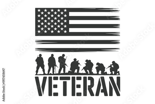 Silhouette of soldiers and the american flag honoring veterans