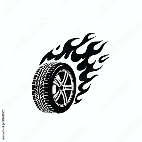 A black and white illustration of a tire engulfed in stylized flames