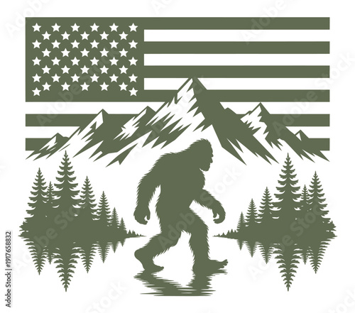 A stylized depiction of bigfoot walking before an american flag and mountains