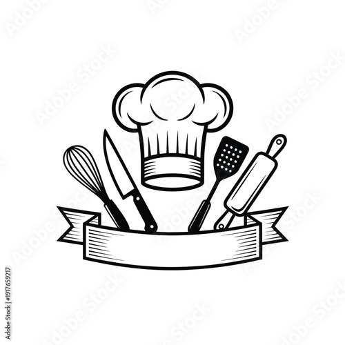 A vintage style illustration featuring a chef s hat and various kitchen utensils