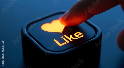 A finger presses a glowing heart-shaped 'Like' button, symbolizing social media engagement and approval.