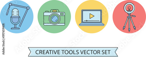  2026 Content Creator Equipment Vector Set  Colorful Flat and Minimalist Line Icons for Podcasting, Vlogging, and Live Streaming - Creative Studio Tools Illustration Including Microphone, Camera, Lapt