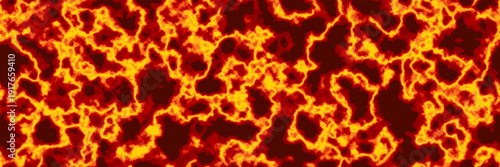 Seamless fiery solar photosphere bg. Abstract overhead view of molten lava in shades of yellow, red, and black. Intensely heated areas on the magma's surface. Fluid fire texture. Vector art.