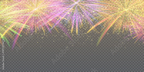 Firecracker burst bg with yellow, pink and purple shimmering sparks. Explosive holiday fireworks display rendered using gradient meshes and overlay effects. Vector illustration