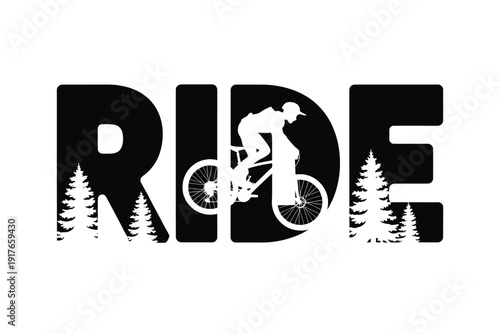 A silhouetted mountain biker integrated within the letters of the word ride