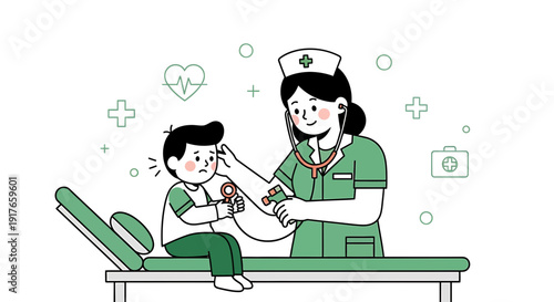 Nurse examining a sick child with a stethoscope, medical checkup, healthcare concept