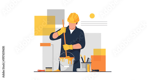 Painter Mixing Paint in Bucket with Tools, Flat Illustration