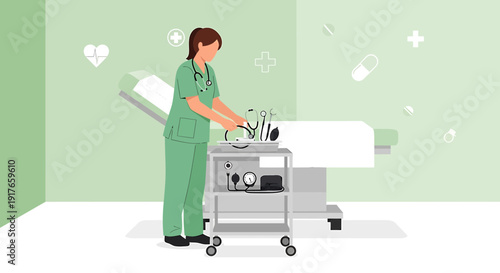 Nurse Preparing Medical Cart In Exam Room - Healthcare Illustration