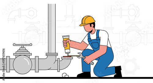 Plumber Repairing Pipe System with Wrench and Sealant