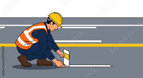 Road worker applying marking tape on asphalt with safety vest and helmet