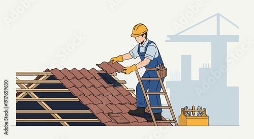 Roofer Installing Tiles on a House Roof Structure