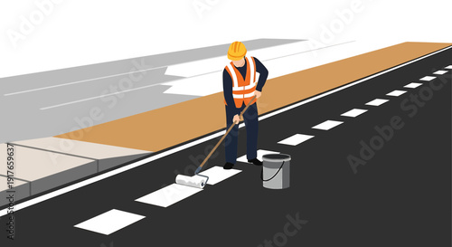 Road painter applying white line markings with roller and paint bucket on asphalt