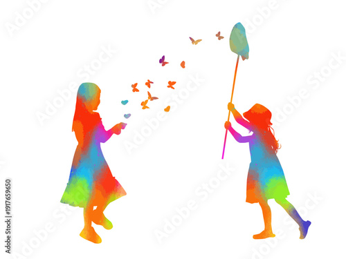 Children colored silhouettes. Little Silhouette of girls catching butterflies. hand drawn. Not AI, Vector illustration