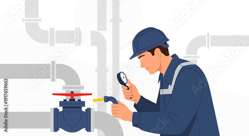 Plumber Inspecting Pipeline System with Magnifying Glass, Maintenance Check