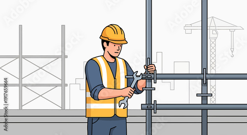 Skilled worker with wrench fixing metal structure on building site