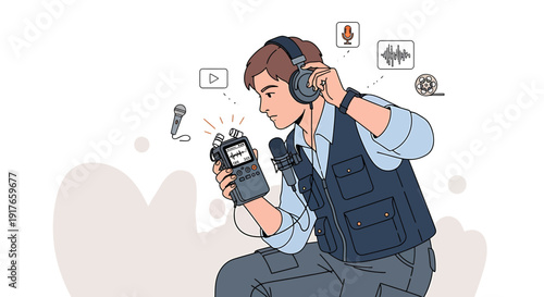 Sound Designer Recording Audio with Portable Device and Headphones