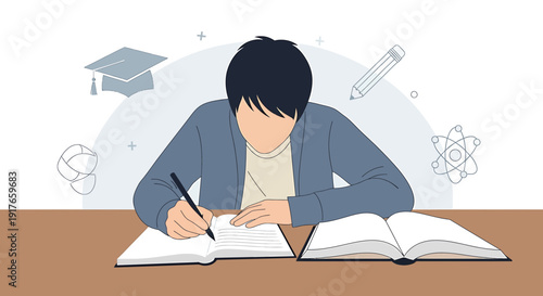 Student studying and writing in notebook, open book, academic symbols, flat design