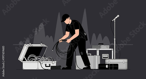 Sound Technician Setting Up Audio Equipment for Live Performance