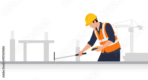 Surveyor measures site with laser device at new building construction