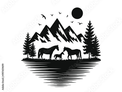 Silhouette of horses and foals grazing beneath a moonlit mountain landscape