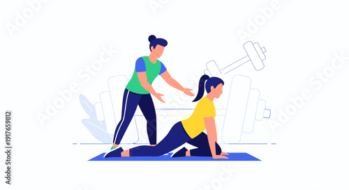 Woman yoga trainer guiding fitness class on mat, dumbbell background