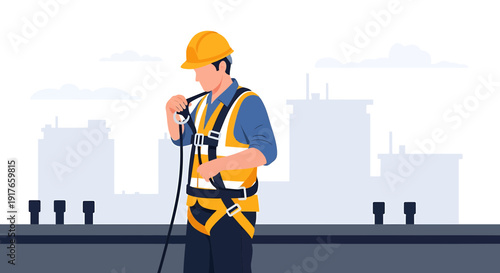 Worker in Safety Harness and Helmet on Building Rooftop