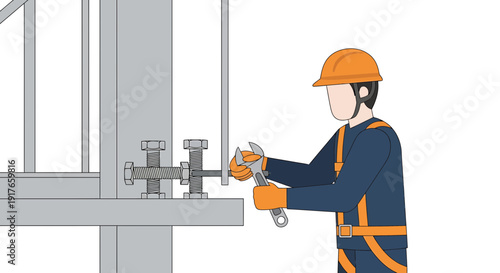 Worker tightens bolt with wrench on metallic structure, safety gear worn.