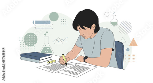 Young student studying and writing at a desk with books and scientific equipment