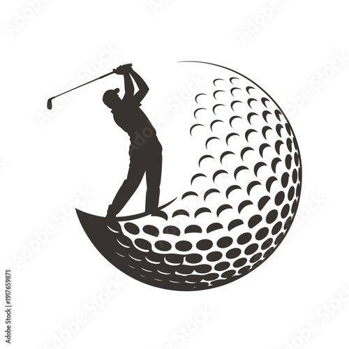 Silhouette of a golfer swinging against a golf ball shaped backdrop