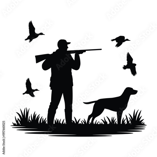 A silhouette of a hunter dog and flock of birds in a field