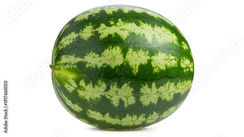 A whole watermelon with green stripes on a white background