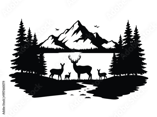 A striking black and white illustration of deer within a mountainous forest scene
