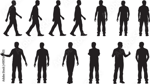 Series of black human silhouettes showing walking motion stages and standing postures with gestures, representing animation, movement study, and body language concepts in vector design