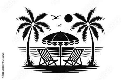 A tropical beach scene featuring palm trees lounge chairs and a parasol