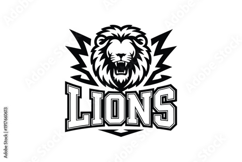 A fierce lion head graphic with the word lions displayed below it