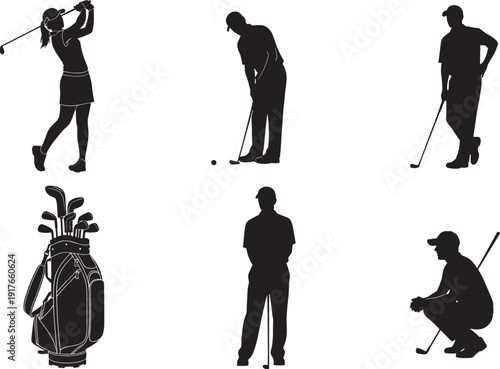 Silhouette illustration of golfers in various poses with clubs and equipment, showcasing sport, recreation, athletic stances, and dynamic golf action moments