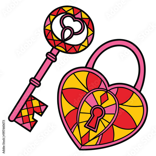 Vibrant Heart Shaped Padlock and Key Illustration for Valentine's Day