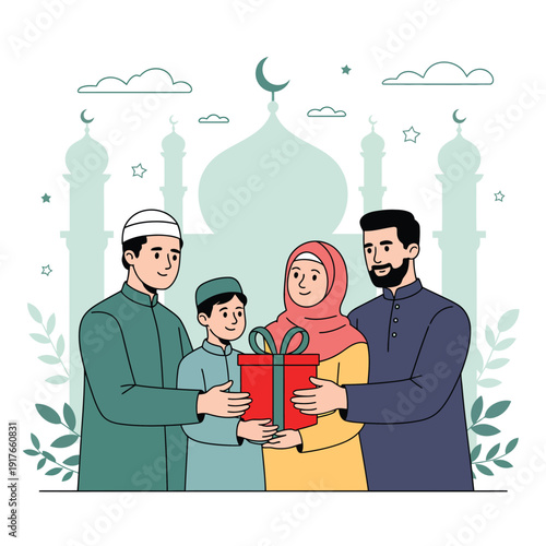 A professional business man and woman collaborate in the office within a stylized cartoon illustration featuring a loving family vector design of a couple and their child