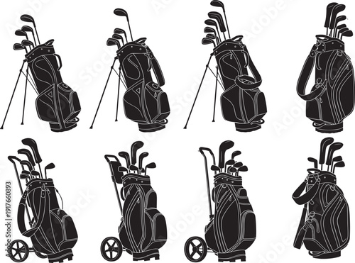 Silhouetted golf bags with clubs in various orientations, including stand legs and wheeled carts, showcasing diverse sports equipment styles for golfing design projects