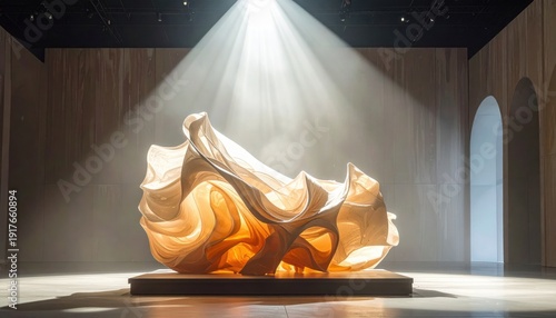 Wallpaper Mural A detailed photographic capture of abstract sculpture representing solidified economic froth, dramatically lit by a theatrical spotlight in an empty exhibition. Torontodigital.ca