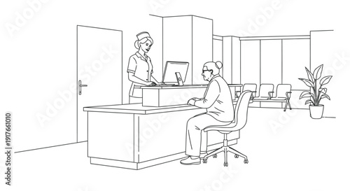 Front desk staff assisting guest in hotel or clinic detailed vector design