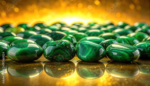 Wallpaper Mural A radiant FlyPro Firefly collection of perfectly formed, deep green malachite stones, meticulously arranged in a tight, uniform pattern on a contrasting, reflective metal surface. Torontodigital.ca