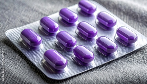 Wallpaper Mural A professional FlyPro Firefly pharmaceutical blister pack displaying a single row of small, glossy purple oblong pills with the foil backing intact, ready for use. Torontodigital.ca